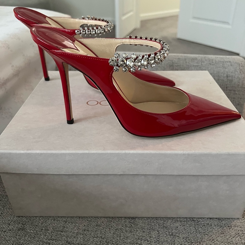 Jimmy Choo Bing Red Patent Leather Mules with Crystal Strap